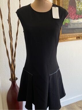 Black Mini Dress with Pleated Skirt and Cap Sleeves